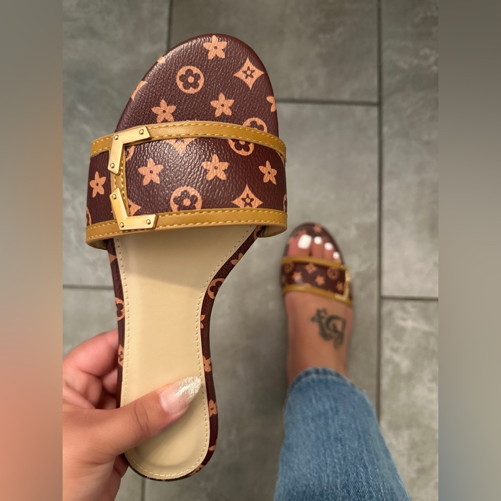 🤎New! Patterned Brown & Tan Slide Sandals | Designer-Inspired Summer Flats